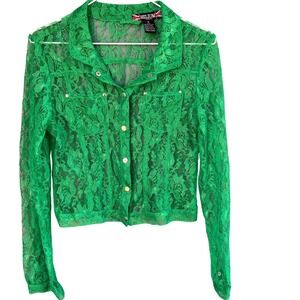 Helium London Green Lace Jacket Cropped Button‎ Front Sheer Floral Size M